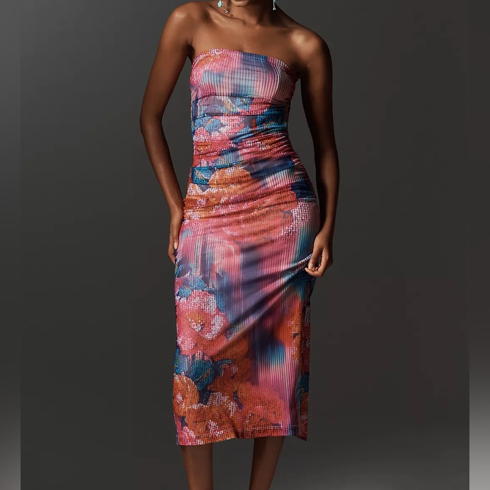 Anthropologie Soleil Slim Strapless Ruched Mesh Dress